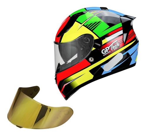 Capacete Moto Gp Tech Flower Preto E Azul + Viseira Dourada