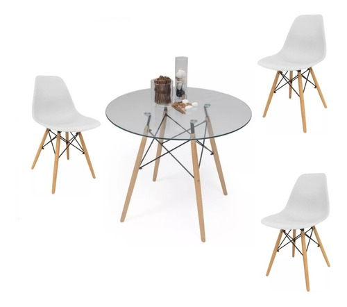 Mesa Eames Vidrio 100cm Y 3 Sillas Eames