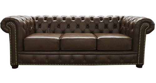 Sofá 3 Lugares Sala De Estar 235cm Chesterfield Pés Madeira Couro Marrom - Gran Belo