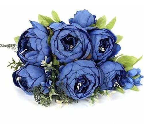 Flores Artificiales De Seda/ Ramo De Peonias /azul Marino