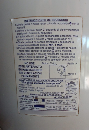 Termotanque Señorial 50 Litros Bigas Blanco (Usado)