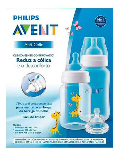 Set Mamadera Anticólico Avent Jirafa 260ml+ 330ml+ Tetina 6m