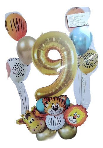 Kit Deco Feliz Cumple Animales Safari+numero 9 De 80cm+latex