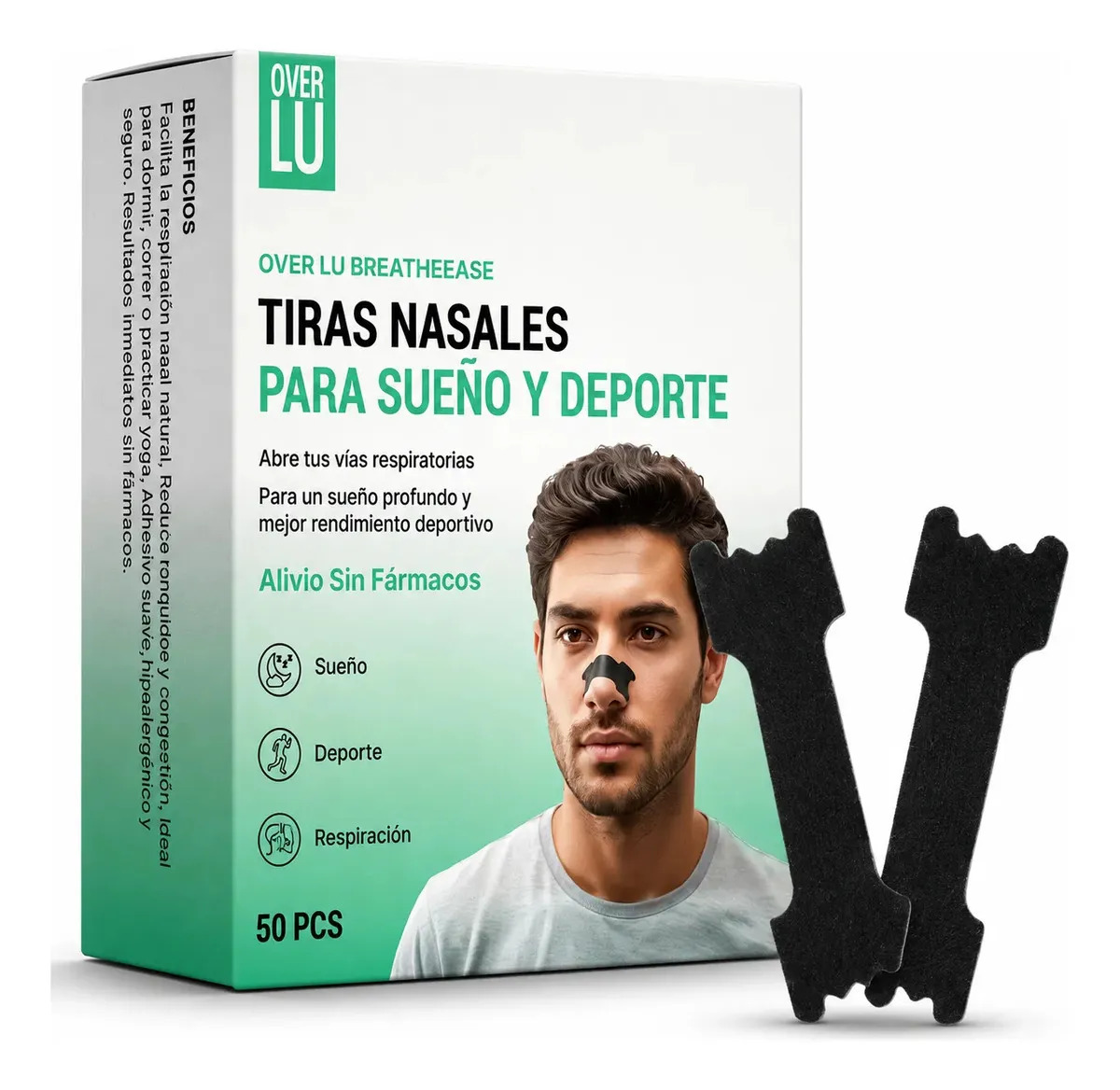 Over Lu Breatheease 50 Tiras Nasales Antirronquido, Ideal para dormir o hacer Deporte Color Negro