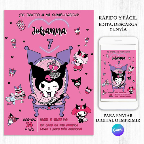 Invitacion Digital Kuromi Rosa Cumpleaños Nena - Whatsapp Editable En Canva