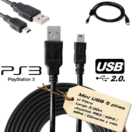 Cable Mini Usb 5 Pines 3.00m C/filtro Mp3 Mp4 Joystick Ps3