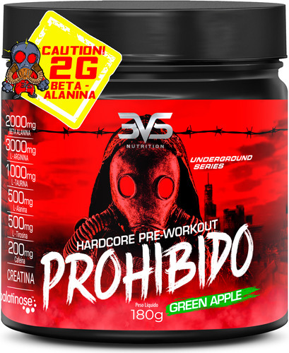 Pré Treino Prohibido 180g - Sabor: Green Apple - Fórmula Exclusiva Com Creatina, Beta Alanina, Taurina, Cafeína, Arginina, L-tirosina, Palatinose E  L-alanina