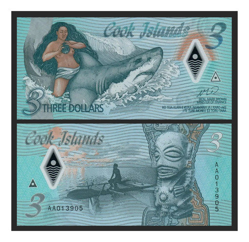 Grr-billete De Islas Cook 3 Dollars 2021, Sirena - Polímero