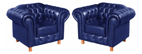 Conjunto Sofá E Poltrona Luis Xv Chesterfield 4 + 2 Lugares Cor Couríssimo Azul 085 Desenho Do Tecido Big Ponme