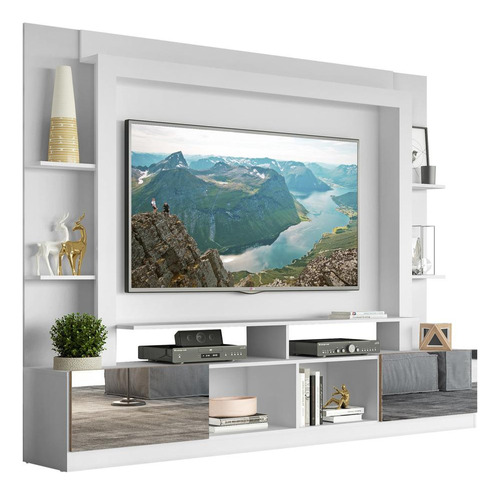 Estante Tv 65 Portas C/ Espelho Oslo Multimóveis V3390 Cor Branco/Madeirado