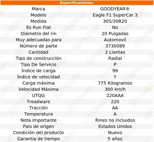 Par Llantas Eagle F1 Supercar 3 Goodyear 305/30r20 99y