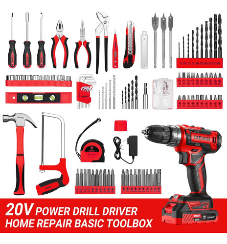 Red Drill Tool Kit Set: 20v Cordless Power Drill Tool Box...