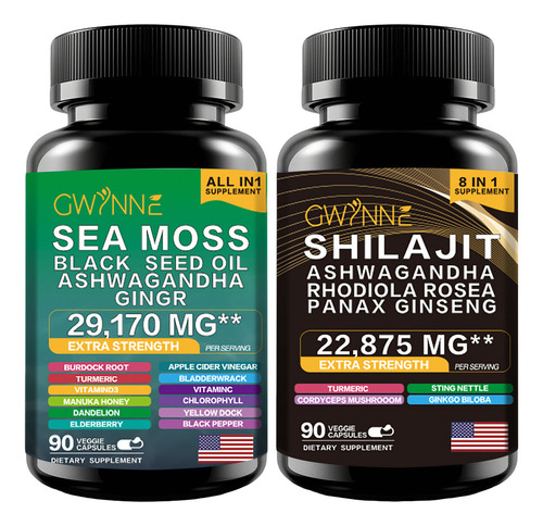 Gwynne Shilajit And Sea Moss Bundle 90 Cápsulas-contiene 29170 Mg De Musgo Marino, Aceite De Semilla Negra, Etc Y Contiene 22875 Mg De Shilajit,rhodiola Rosea, Etc,all In 1 Supplements