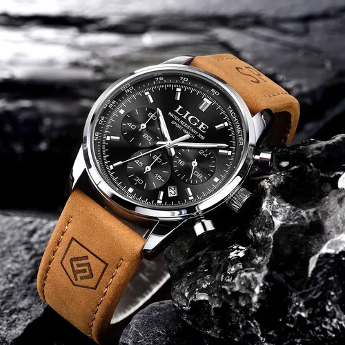 Lige Reloj Hombre Multifunción Cuero Reloj Cuarzo Cronógrafo Correa Marrón Bisel Plateado Fondo Negro
