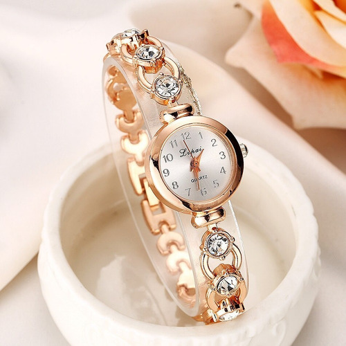 Relógio Dourado Feminino De Pulso Quartz Pulseira Com Pedras