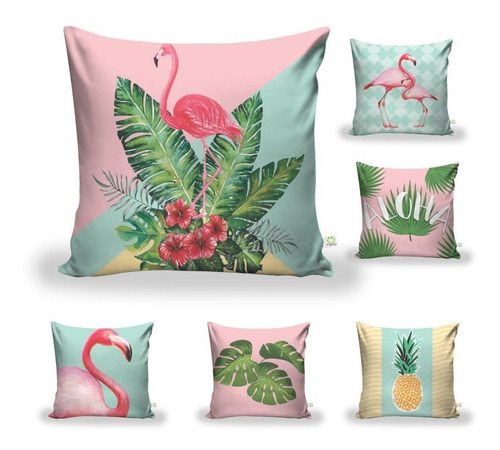 Kit 6 Capa Almofada Tropical Flamingo Abacaxi