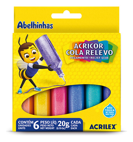 Acricor Cola Relevo Acrilex 02306 6 Cores 20g c/u