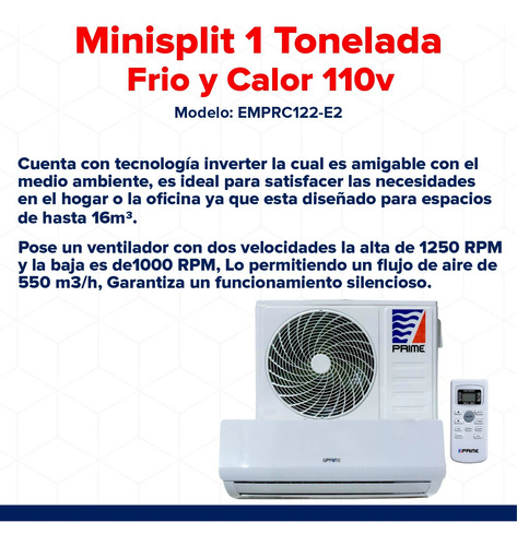 Minisplit Prime 1 Tonelada / Minisplit 110v Frío Y Calor