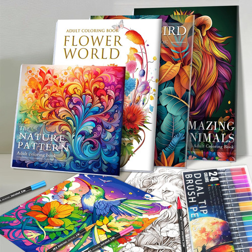 Set 4 Libros Para Colorear Y Rotuladores,mándala De Nature