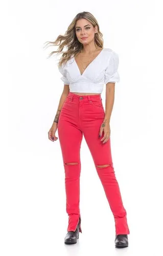 Cal a Jeans Vermelha Feminina Com Lycra Rasgo Joelho 34ao50