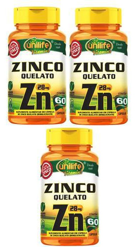 Kit Com 3 Zinco Quelato Zn 60 Cápsulas 28mg Unilife