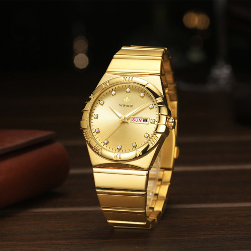 Relógio De Pulso Masculino Wwoor Fashion Quartz Calendar Cor Do Fundo Dourado