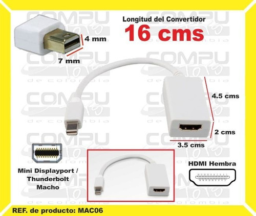 Adaptador Mini Display P A Hd Pc-mac Ref Mac06 Computoys Sas