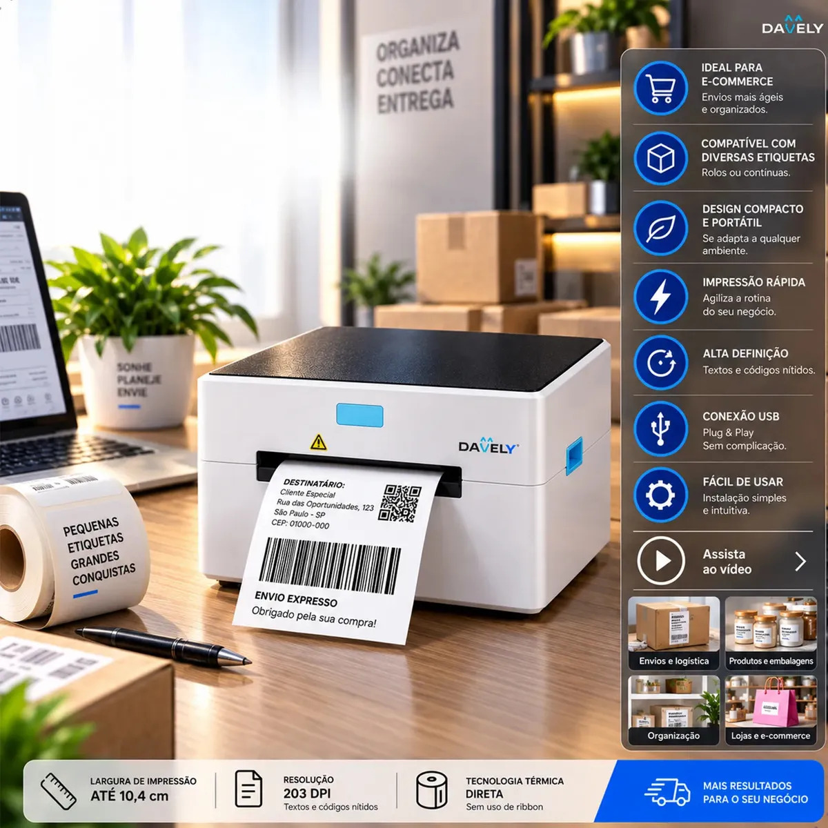 Impressora De Etiquetas Adesivas Branca Davely Impressora Térmica De Etiquetas Impressora Portátil De Etiquetas Alta Qualidade E Eficiência Ideal Para Ecommerce