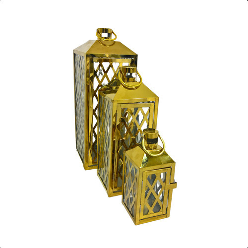 Lanternas Marroquinas Zahara Conjunto Com 3 Decorativas Douradas - Design Geométrico, Metal/vidro, Alças Para Pendurar, Elegância Para Interior/exterior, Ideal Para Velas/leds