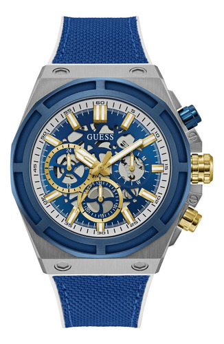 Reloj Guess Commander Para Caballero Plata Correa Azul Bisel Negro Fondo Amarillo