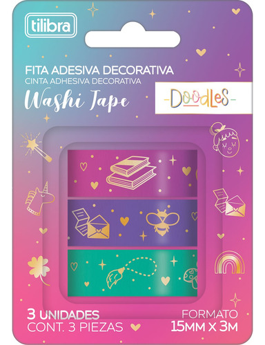 Kit 3 Fitas Adesivas Washi Tape 15mmx5m Doodles Geométrico