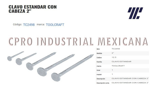 Clavo Estandar Con Cabeza De 2 Pulgadas Marca Toolcraft P