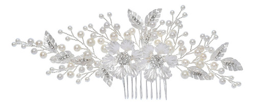 Elegante Peineta Plateada Para Bodas Con Perlas Y Diamantes