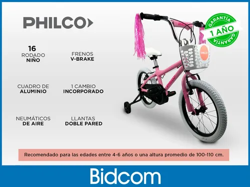 Bicicleta Infantil Philco Patio R16 Aluminio Llanta 2 Pared