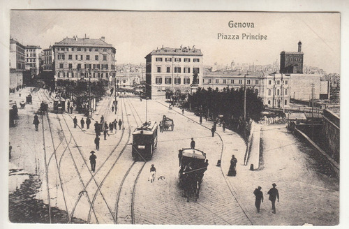 Italia Antigua Postal Piazza Principe De Genova Con Tranvias