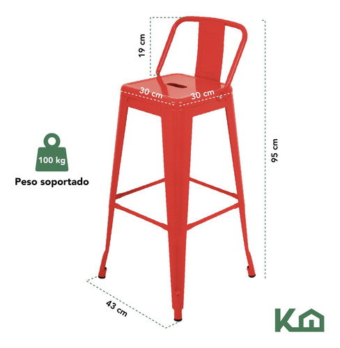 Set De 2 Sillas Banco Alto Con Respaldo Tipo Tolix Vintage Hogar Color Rojo KingsHouse