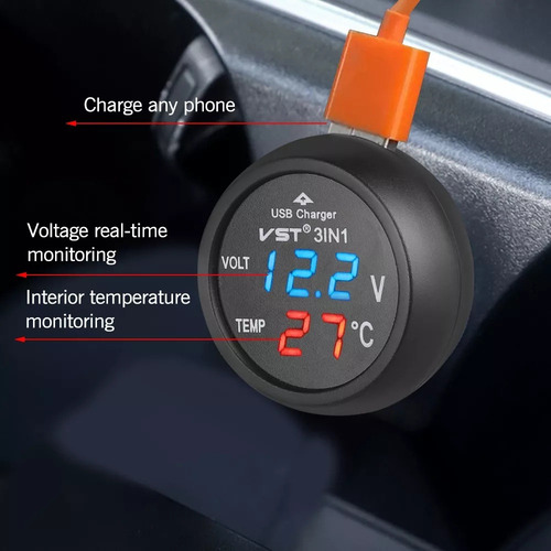 Cargador De Coche Usb 3 En 1, Voltímetro Y Termómetro Led