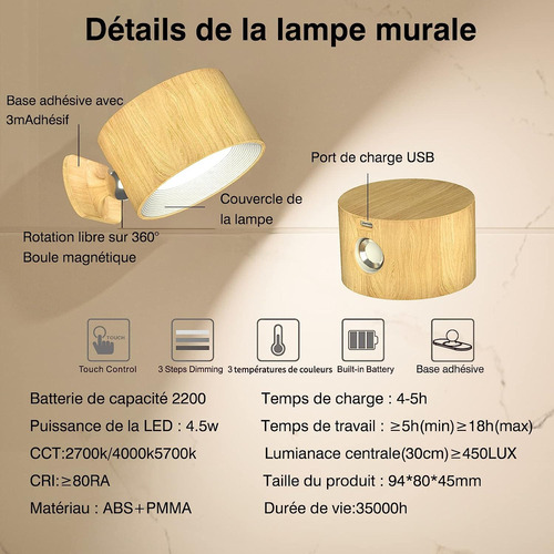 Lámpara Led De Pared Recargable De 3 Colores