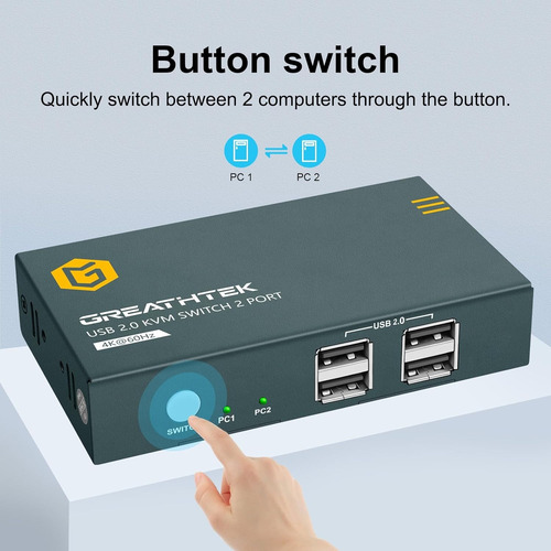 Greathtek Kvm Switch Hdmi 4k 60hz Comparte Usb 2.0 Con Boton