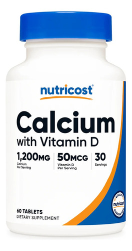 Nutricost Calcio 600 Mg Vitamina D3 25 Mcg 60 Tabs Sabor Sin Sabor