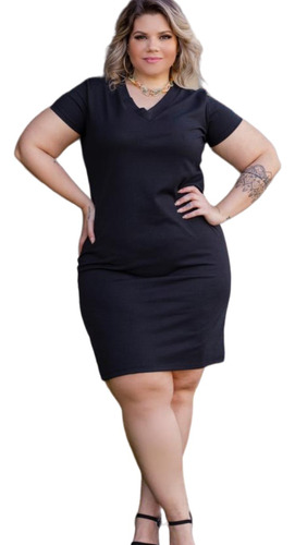 Vestido Feminino Manga Curta Canelado Plus Size