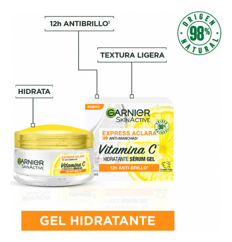 Garnier Hidratante Serum Gel 12h Antibrillo 50 Ml Todo Tipo De Piel Día/noche