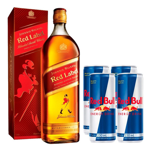Imagem 1 de 10 de Kit Whisky Red Label 1 Litro + 4 Unidades Red Bull 250ml