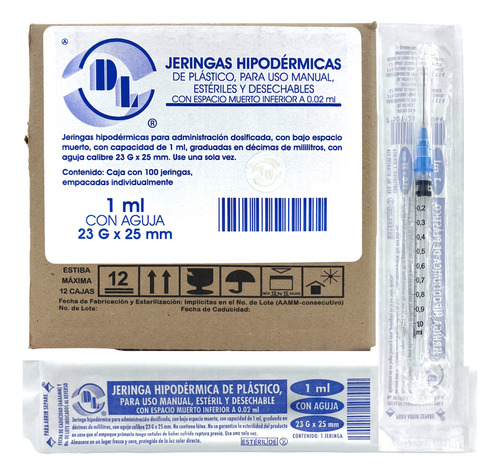 Jeringa de plástico de 1 mL Con Aguja calibre 23G x 25 mm con bajo espacio muerto LDS caja con 100