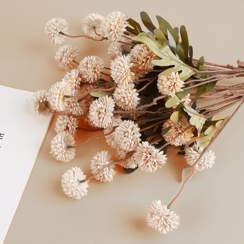 Flores Artificiales Pompon Mums En Tono Beige, 8 Tallos De C