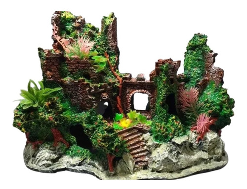 Enfeite Aquário Castelo Ruína Grande Com Plantas C/ 33cm