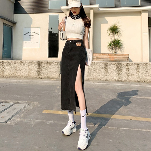 Moda De Verano De Mujer Con Falda Midi De Mezclilla De Cintu