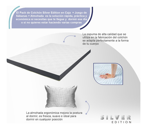 Colchón Matrimonial En Caja 10cm + Juego Sábanas Y Almohada Blanco Con Gris