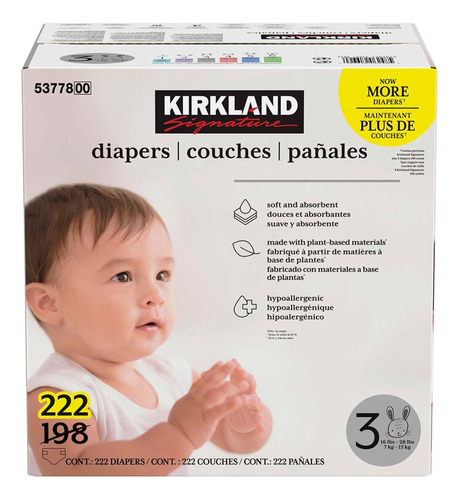 Pañales Unisex Etapa 3 Kirkland Signature 222pzs 