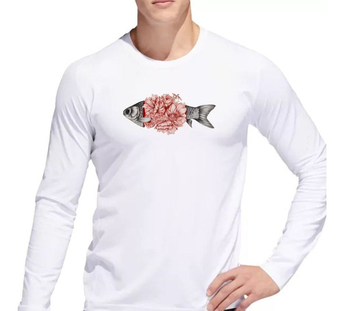 Remera De Hombre Pez Flores Oceano Mar Rosa Ml